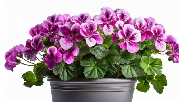a vibrant blooming geranium pelargonium with purple or fuchsia flowers and green leaves in a gray pot isolated on a white background