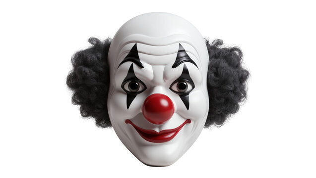 White clown mask with red nose and black curly hair, isolated on transparent background