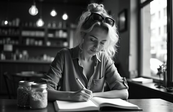 Young woman writes in notebook at cafe table. Blonde female with glasses on head works with pen. Creative person writes story indoors, gains ideas for article, book or blog.