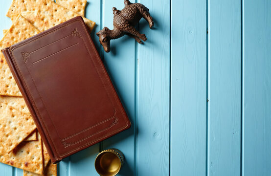 Matzah unleavened bread and Passover Haggada book on blue wooden table. Decorative camel and Kiddush cup suggest Jewish holiday Pesach tradition. Ritual objects ready for Seder dinner.