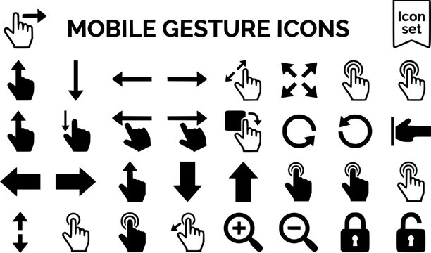 Mobile Gesture Icon Set Swipe Pinch Spread Two Tap Long Press Flick Drag Drop Rotate Edge Swipe Touch Interaction Vector