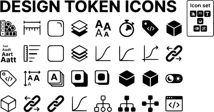 Design Token Types Icon Set Color Swatch Spacing Rail Border Radius Shadow Depth Type Scale Motion Duration Semantic Primitive Token Theme Switch Vector