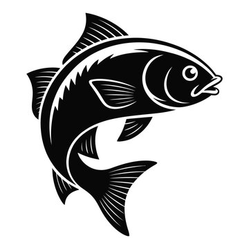 Stylized fish illustration with detailed fins and scales black and white silhouette high quality