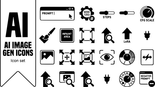 AI Image Generation Controls Icon Set Prompt Field Seed Steps CFG Inpaint Mask Outpaint Upscale LoRA Sampler Guidance Model Pick Gen Control Vector Illustration