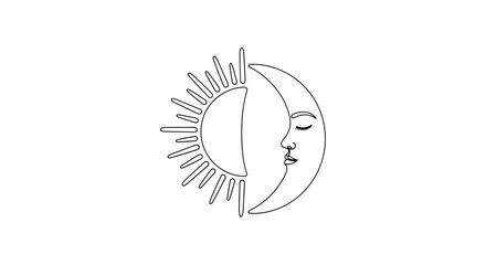 Naklejka premium Minimalist celestial illustration depicting the harmonious coexistence of sun and moon in a seamless line art design suitable