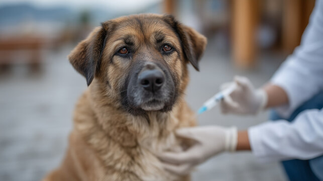 Close-up candid of hands administering subcutaneous insulin injection into loose scruff of elderly diabetic dog, veterinary clinic floor visible below, dog's patient expression captured mid-injectio