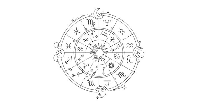 Intricate Zodiac Wheel Illustration with Celestial and Astrological Symbols Capturing Cosmic Mysteries and Star Sign