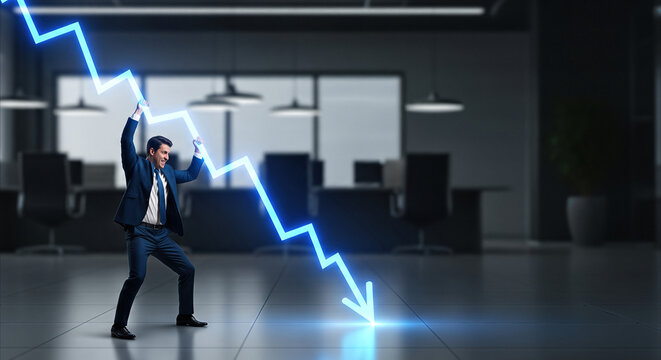 Businessman struggling with a large blue holographic downward trendline in a modern office, symbolizing market crash and financial challenges