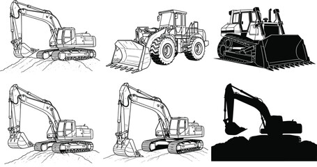Obraz premium Construction heavy equipment set with excavator, bulldozer and loader in line art and silhouette industrial illustration collection