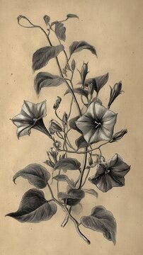 A vintage engraved botanical illustration of poisonous and magical Halloween plants, like deadly nightshade and moonflowers, on aged paper