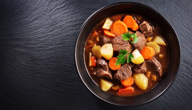 beef meat and vegetables stew in black bowl slate background top view