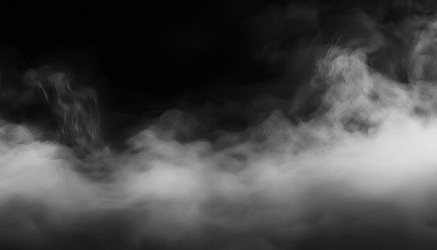 panoramic view of the abstract fog white cloudiness mist or smog moves on black background beautiful swirling gray smoke mockup for your logo wide angle horizontal wallpaper or web banner