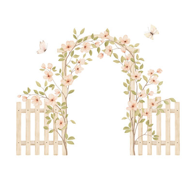 Watercolor arch with wooden fence, abstract blooming trees and cute flying butterflies. Isolated composition for greeting or wedding invitations cards, cover or delicate background for your text. 