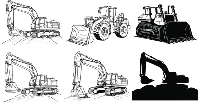 Construction heavy equipment set with excavator, bulldozer and loader in line art and silhouette industrial illustration collection