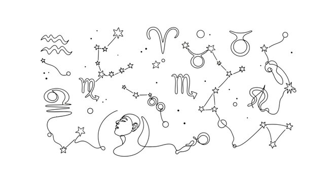 Illustration of Zodiac Constellations and Horoscope Symbols in a Minimalist Style for Astrological Insights and Celestial Mapping