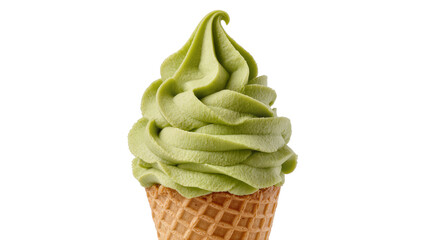 Green matcha soft serve ice cream in a waffle cone, isolated on transparent background © Matteo