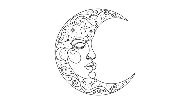 Elegant celestial moon with intricate star and cloud patterns depicting a serene face with closed eyes symbolizing calmness and