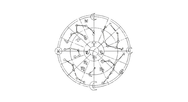 Intricate circular celestial chart illustrating astrological glyphs and planet positions within zodiac signs