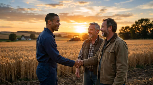 Farmers shaking hands in a wheat field at sunset. Agricultural workers making a business deal and smiling. Generational farming partnership and teamwork concept with a tractor in the background