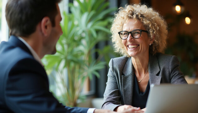 Businesswoman smiles talking to male colleague. They discuss future plans for nonprofit organization. Team strategizes for fundraising and donation drives. Professional meeting indoors with plants.