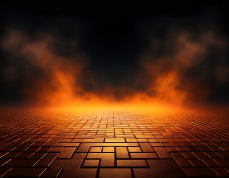 3d rendering asphalt octagonal stone floor light orange in a dark empty street with smoke dark background