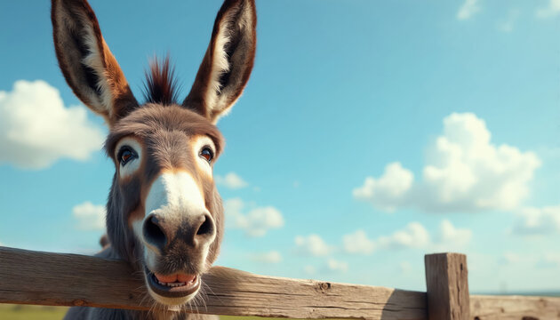 Funny donkey face closeup over wooden fence. Long ears up, mouth open slightly. Bright sunny day with blue sky and fluffy clouds. Farm animal portrait with copy space for text.