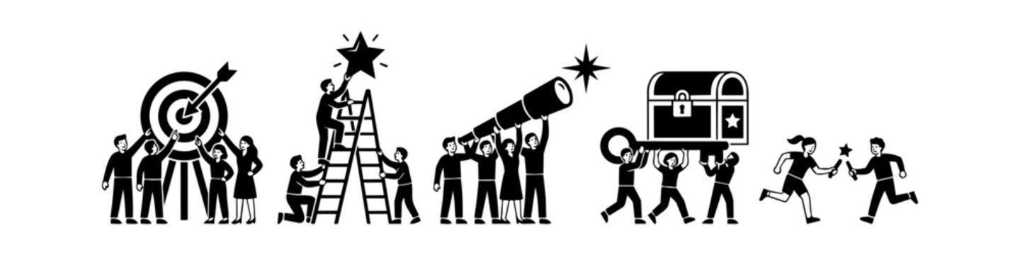 Business teamwork vector illustrations showing group cooperation, goal achievement, vision, unlocking success, and relay racing. Minimalist black and white icons for corporate growth.
