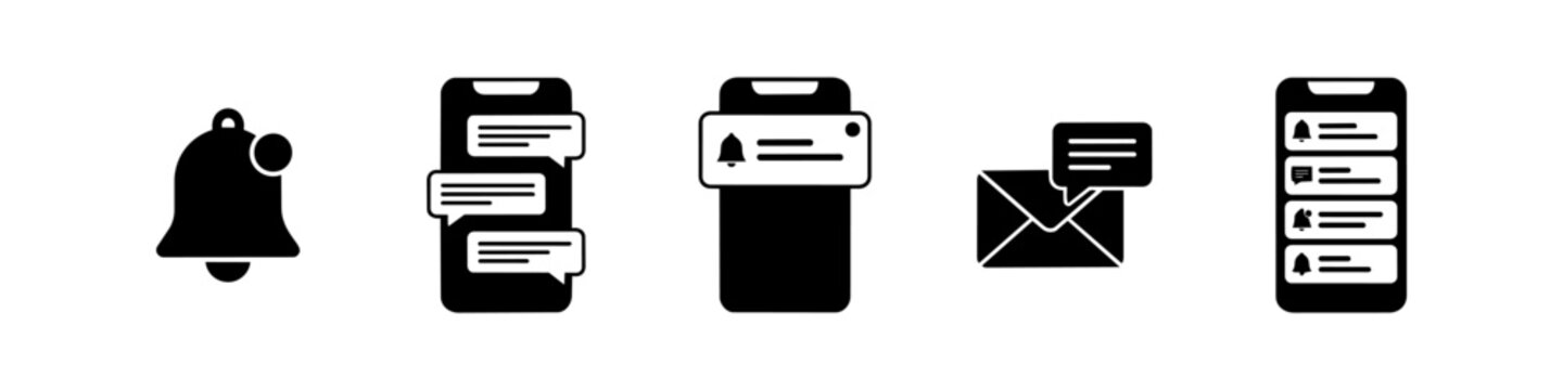 Set of minimalist black and white notification icons featuring smartphones, chat bubbles, alert bells, and email messages for digital communication interfaces.