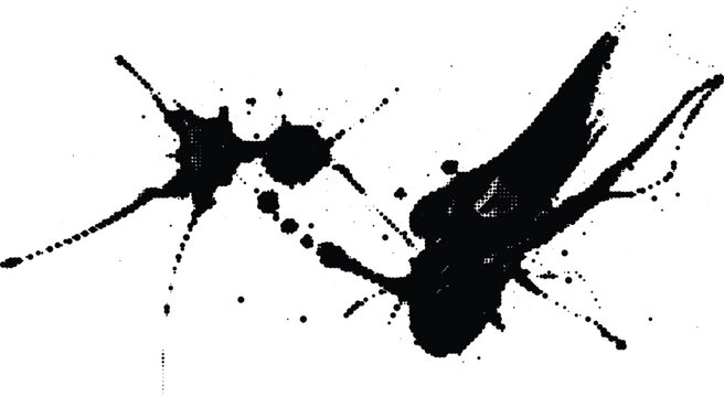 Dynamic black ink explosion with halftone dot gradients and sharp splashes for high contrast energetic graphic design projects.