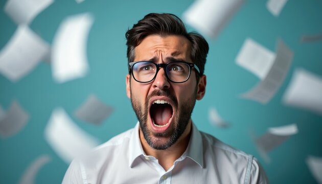 Man screams in office with flying papers. He feels stress and chaos. He looks overwhelmed and desperate with intense frustration. He is wearing a white shirt and glasses.