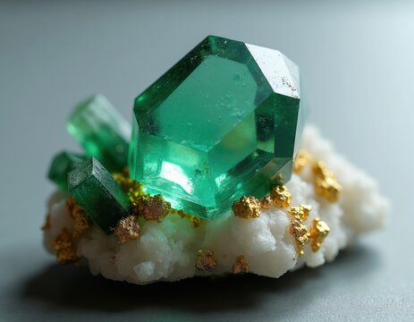 Green hexagonal crystals with gold flecks on white matrix. Macro shot of apatite mineral cluster. Natural rough gemstone formation, vibrant color, geometric facets, science display.