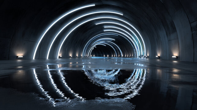 3D Rendering of curved tunnel with led glowing lights on ceiling and reflection from puddle on wet dark street surface. Concept for fast business technology, car advertising background
