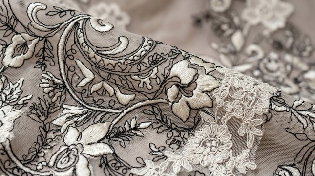 Embroidered Floral Lace Fabric With Black Thread Details