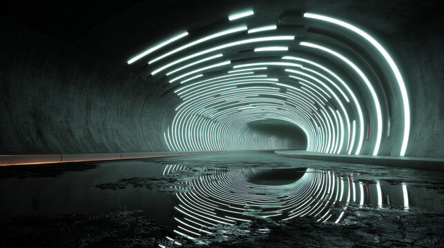 3D Rendering of curved tunnel with led glowing lights on ceiling and reflection from puddle on wet dark street surface. Concept for fast business technology, car advertising background