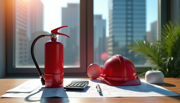 Red fire extinguisher and hard hat rest on blueprints. Calculator and pen nearby. City buildings visible through window. Safety planning on table.