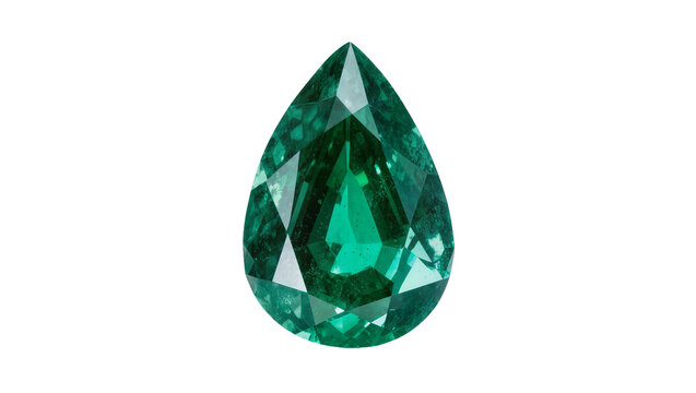 Pear-shaped faceted emerald gemstone deep green color, isolated on transparent background
