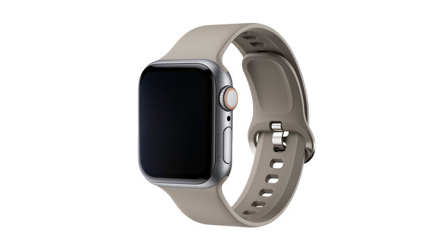 Silver smartwatch with gray band, isolated on transparent background