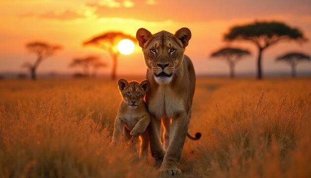 Lioness and cub walk across African savanna grassland at sunset. Warm orange light bathes landscape with acacia trees in distance. Mother lion protects young offspring during evening travel.