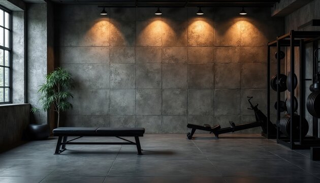 Modern loft gym interior features concrete walls weight rack rowing machine and bench. Dramatic warm lighting illuminates workout space with large window and plant.