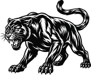 Obraz premium Black panther, aggressive animal, vector illustration, monochrome design, wildlife creature