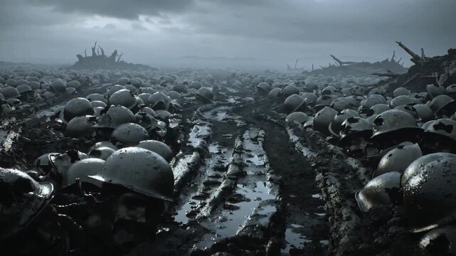 Damaged metal military helmets scattered in muddy trench, establishing shot of battlefield, no people
