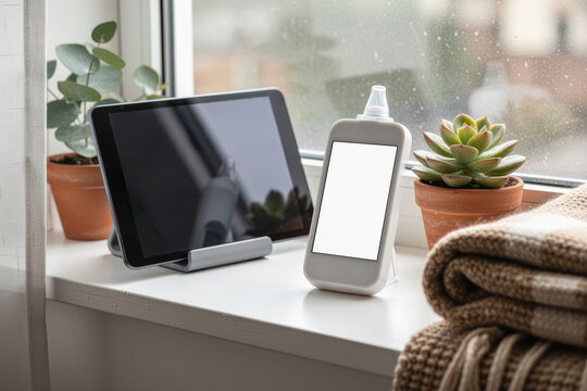 Tablet and thermometer on windowsill with succulents and a cozy blanket