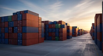 Fototapeta premium Massive Shipping Containers Stacked High In A Storage Yard Under The Evening Sky