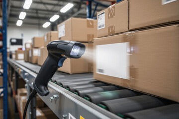 Fototapeta premium Barcode scanner on conveyor scanning moving parcels in busy logistics warehouse