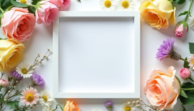 Empty white square frame surrounded by pastel roses daisies and purple flowers. Top view flat lay composition with green leaves and small buds on white background.