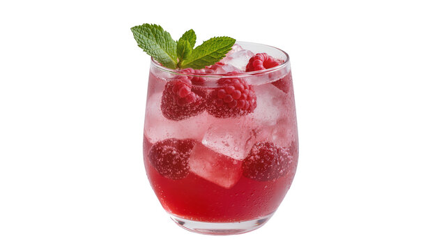 Refreshing raspberry iced drink with mint leaves, isolated on transparent background