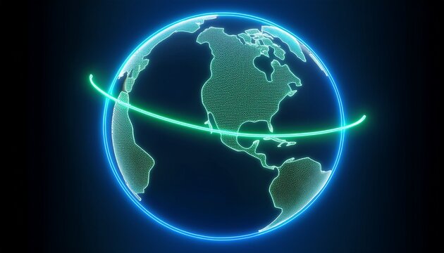 neon sign of a blue globe with a green dotted line connecting two points representing global connection and travel