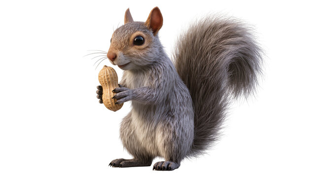 Gray squirrel holding a peanut, isolated on transparent background