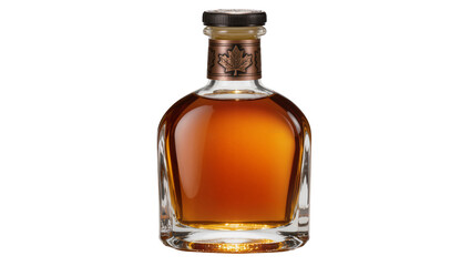 Amber liquid in glass bottle with maple leaf emblem, isolated on transparent background