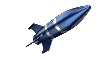 Fototapeta premium Sleek metallic blue rocket with silver bands, isolated on transparent background